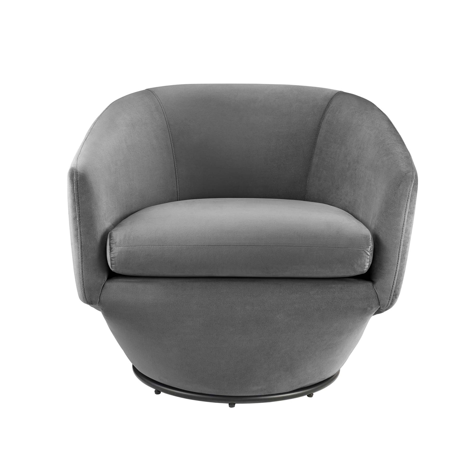 Grey rounded swivel lounge chair with plush cushion, curved armrests, soft fabric, and round pedestal base.