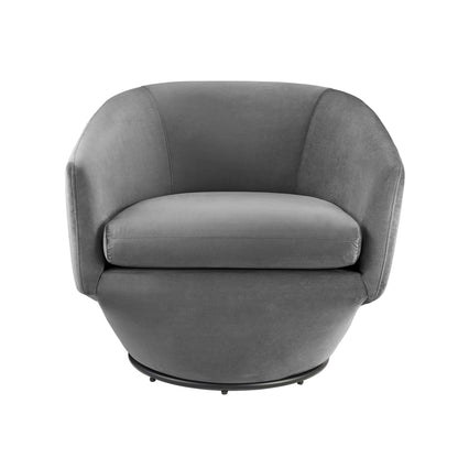 Grey rounded swivel lounge chair with plush cushion, curved armrests, soft fabric, and round pedestal base.