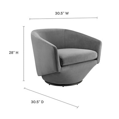 Grey fabric swivel lounge chair with curved back, cushioned seat, round base; modern, compact & cozy; 30.5"W x 30.5"D x 28"H