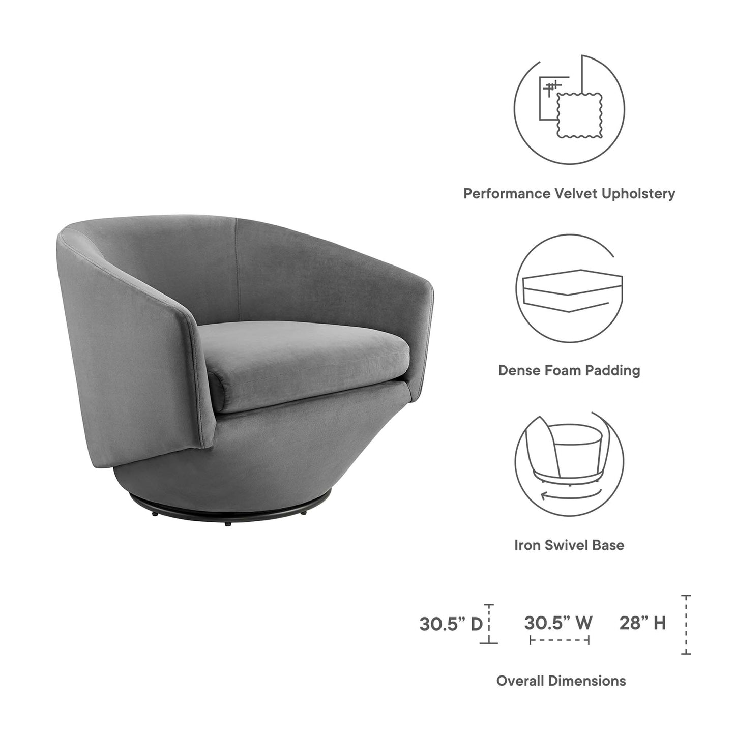 Gray velvet swivel lounge chair with curved arms, dense foam padding, iron swivel base; 30.5D x 30.5W x 28H.
