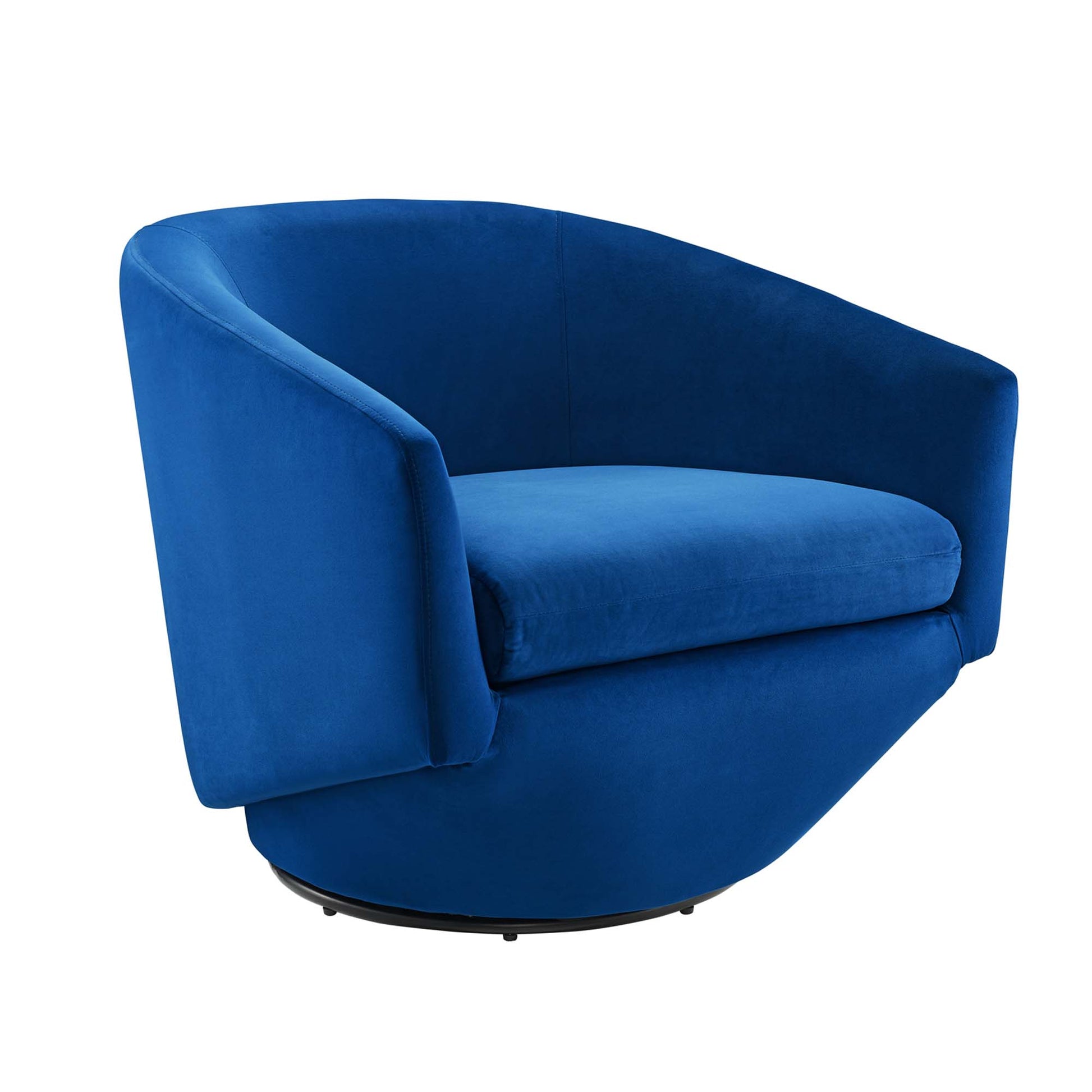 Royal blue velvet swivel chair with curved back, rounded arms and circular base.