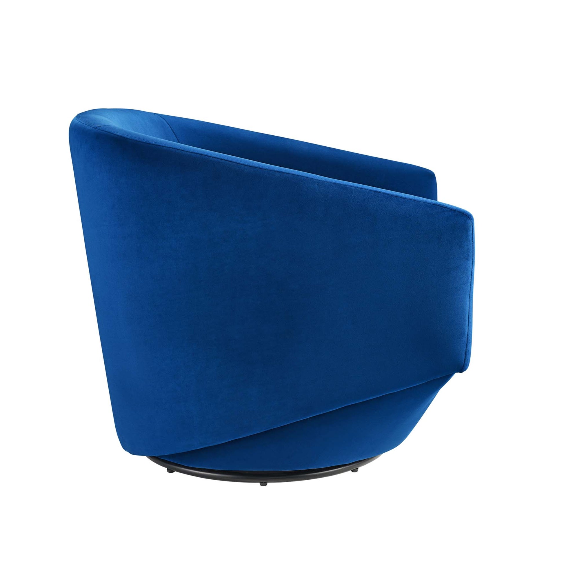 Navy blue velvet swivel chair with rounded back and circular base, modern capsule style.