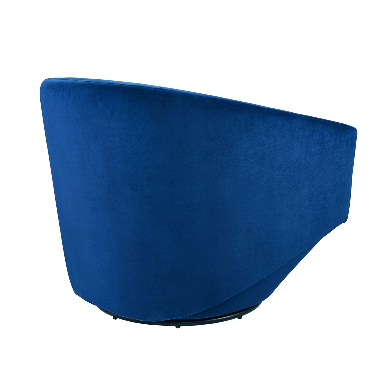 Navy blue velvet curved-back swivel lounge chair on a round pedestal base.