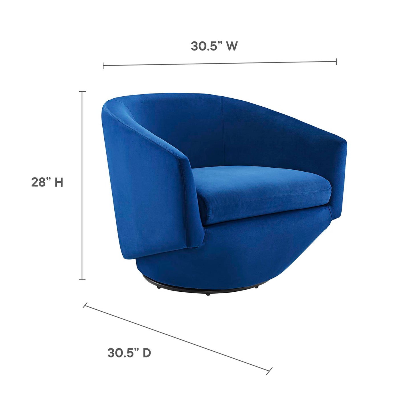 Blue navy curved velvet swivel chair with wraparound arms and swivel base; 30.5W x 28H x 30.5D.