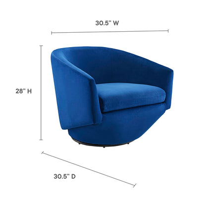 Blue navy curved velvet swivel chair with wraparound arms and swivel base; 30.5W x 28H x 30.5D.