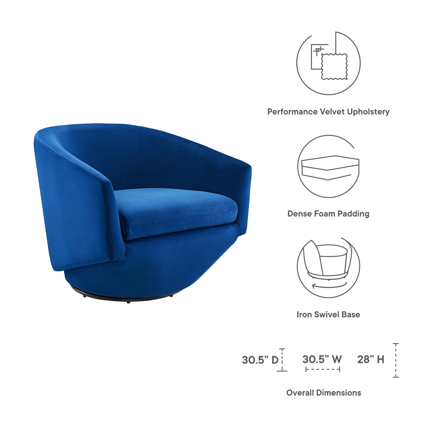 Blue velvet curved lounge chair with dense foam padding and iron swivel base; overall 30.5 in D x 30.5 in W x 28 in H.