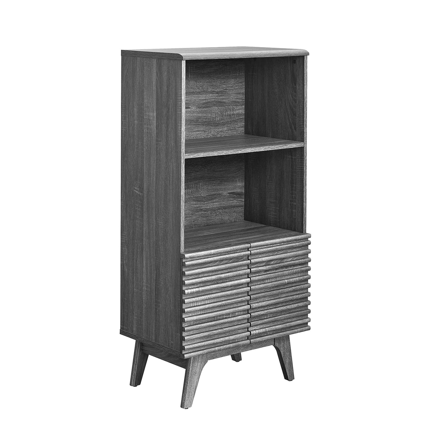 Charcoal gray wood cabinet with two open shelves above ribbed drawer doors and tapered mid-century legs.