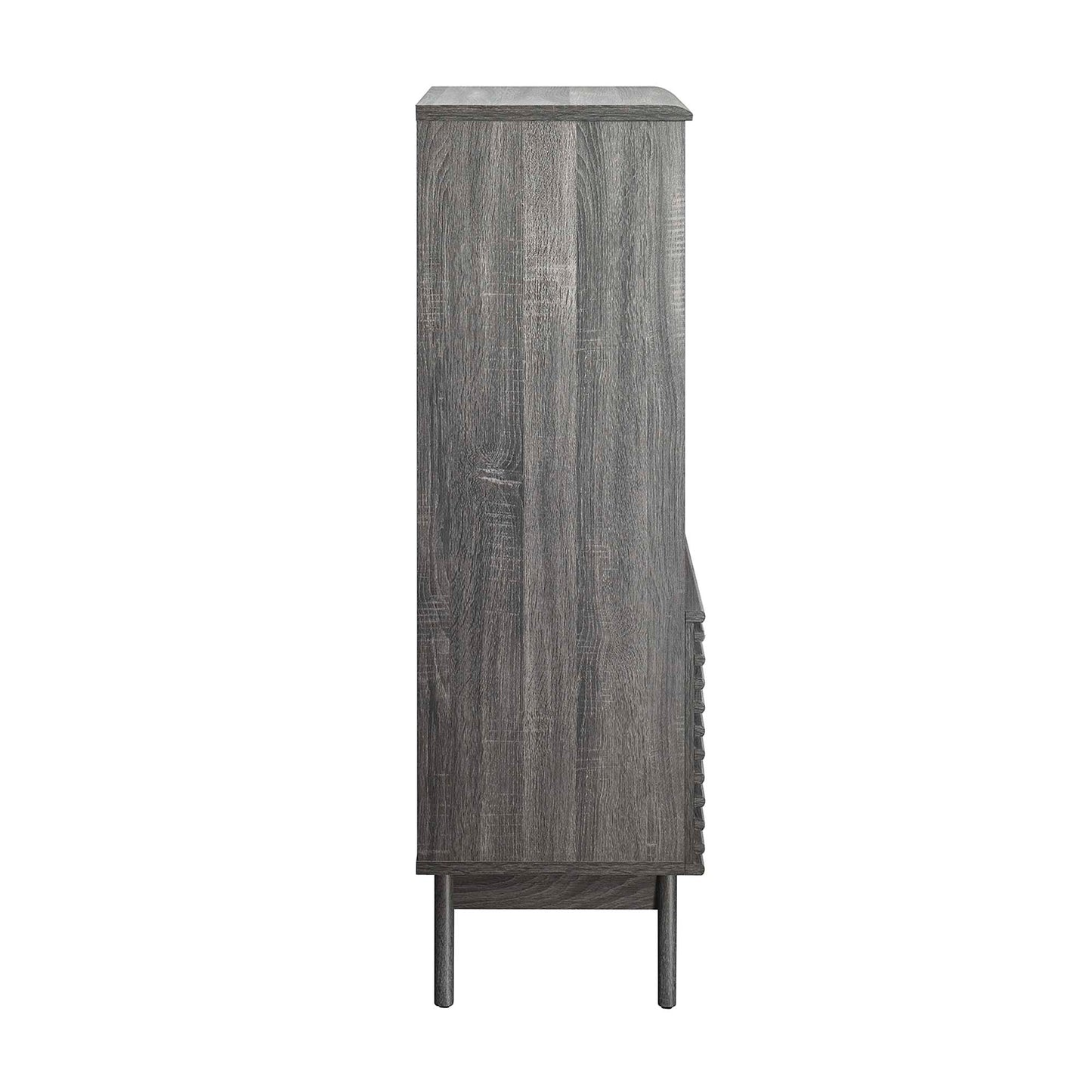 Tall gray-washed wood display cabinet bookshelf on slender legs with vertical plank panels, rustic modern storage.
