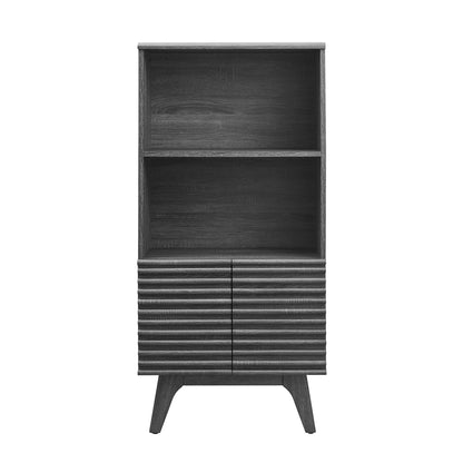 Charcoal wood cabinet with two open shelves above and ribbed two-door base on angled legs; mid-century modern style.