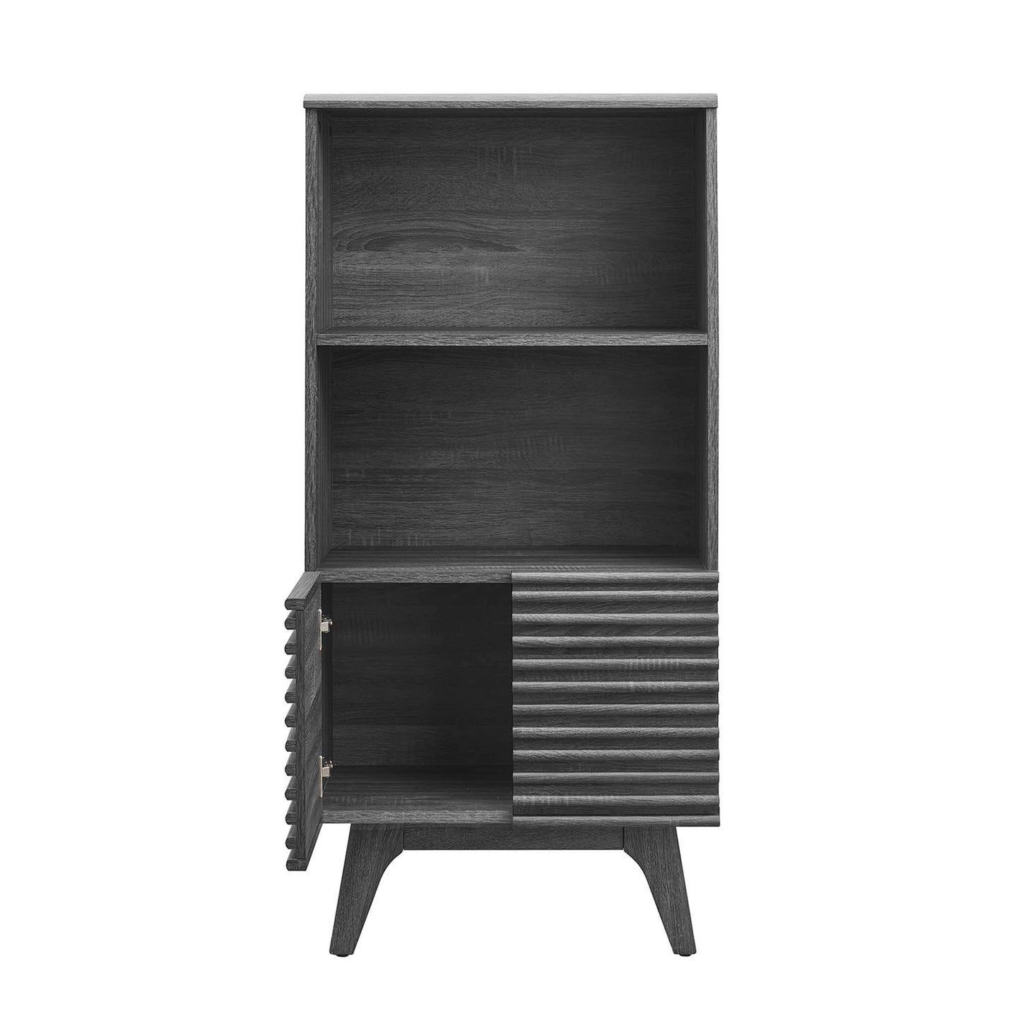 Dark charcoal wood cabinet with two open shelves above; bottom left plain door, bottom right louvered panel, angled legs.