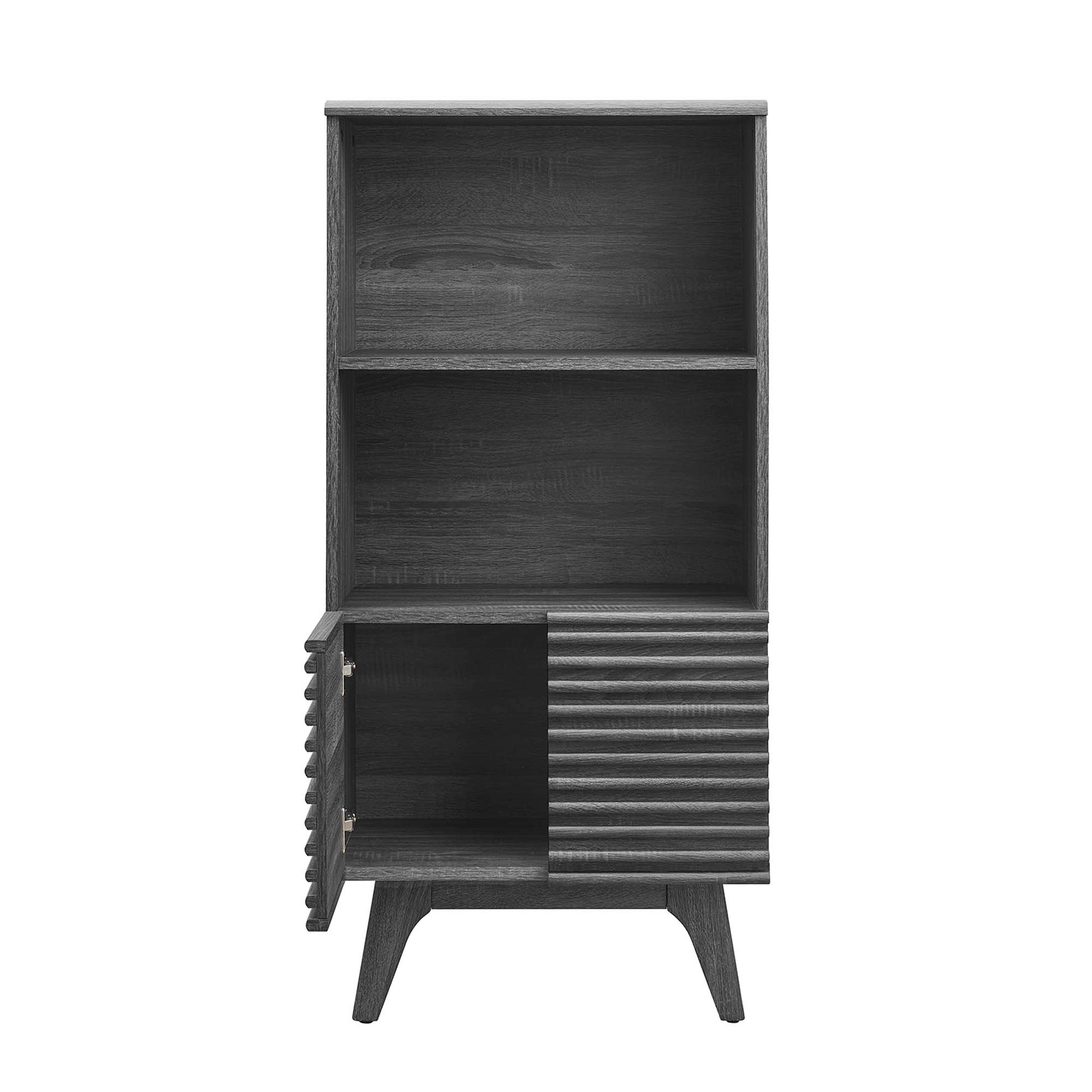 Dark charcoal wood cabinet with two open shelves above; bottom left plain door, bottom right louvered panel, angled legs.