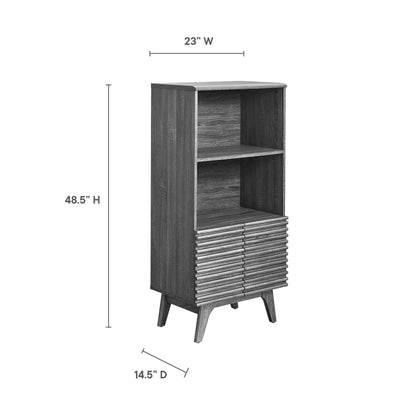 Tall weathered gray wood display cabinet/bookshelf, 23W x 48.5H x 14.5D, with two open shelves and ribbed cabinet doors on angled legs.