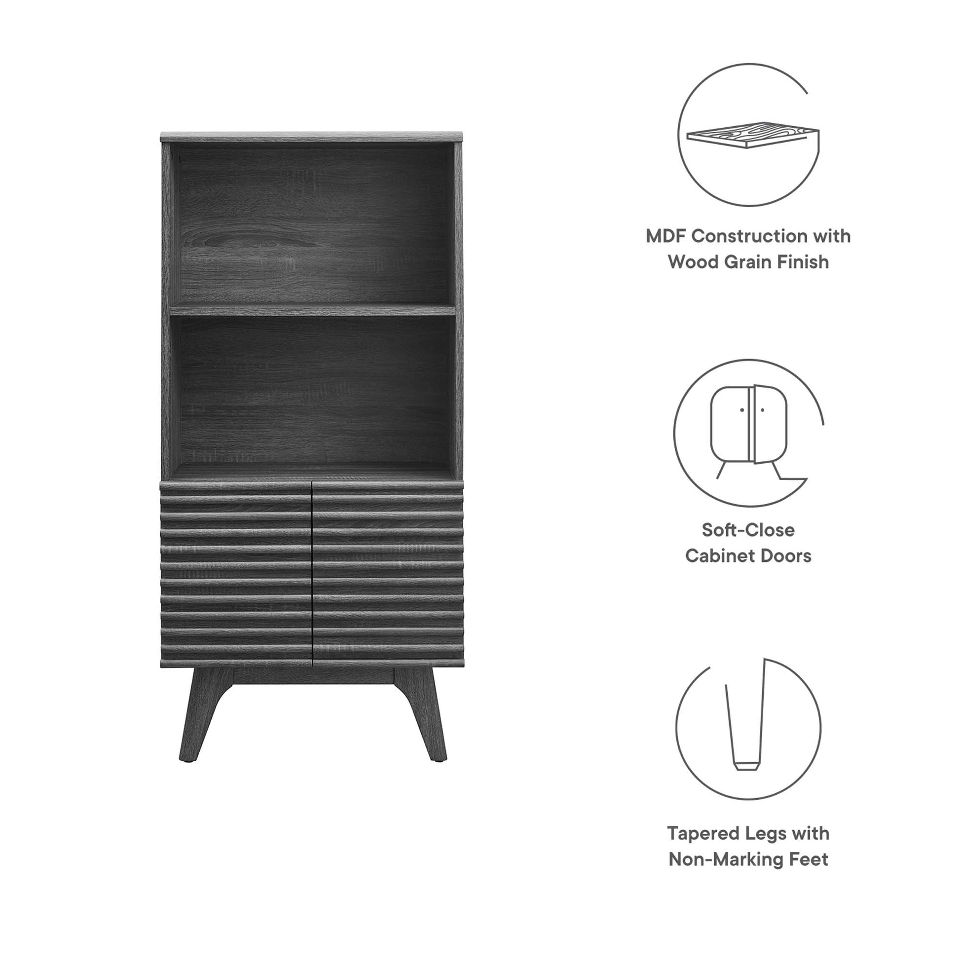 Tall dark MDF display cabinet bookshelf with wood grain finish, two open shelves above grooved double doors, tapered legs.
