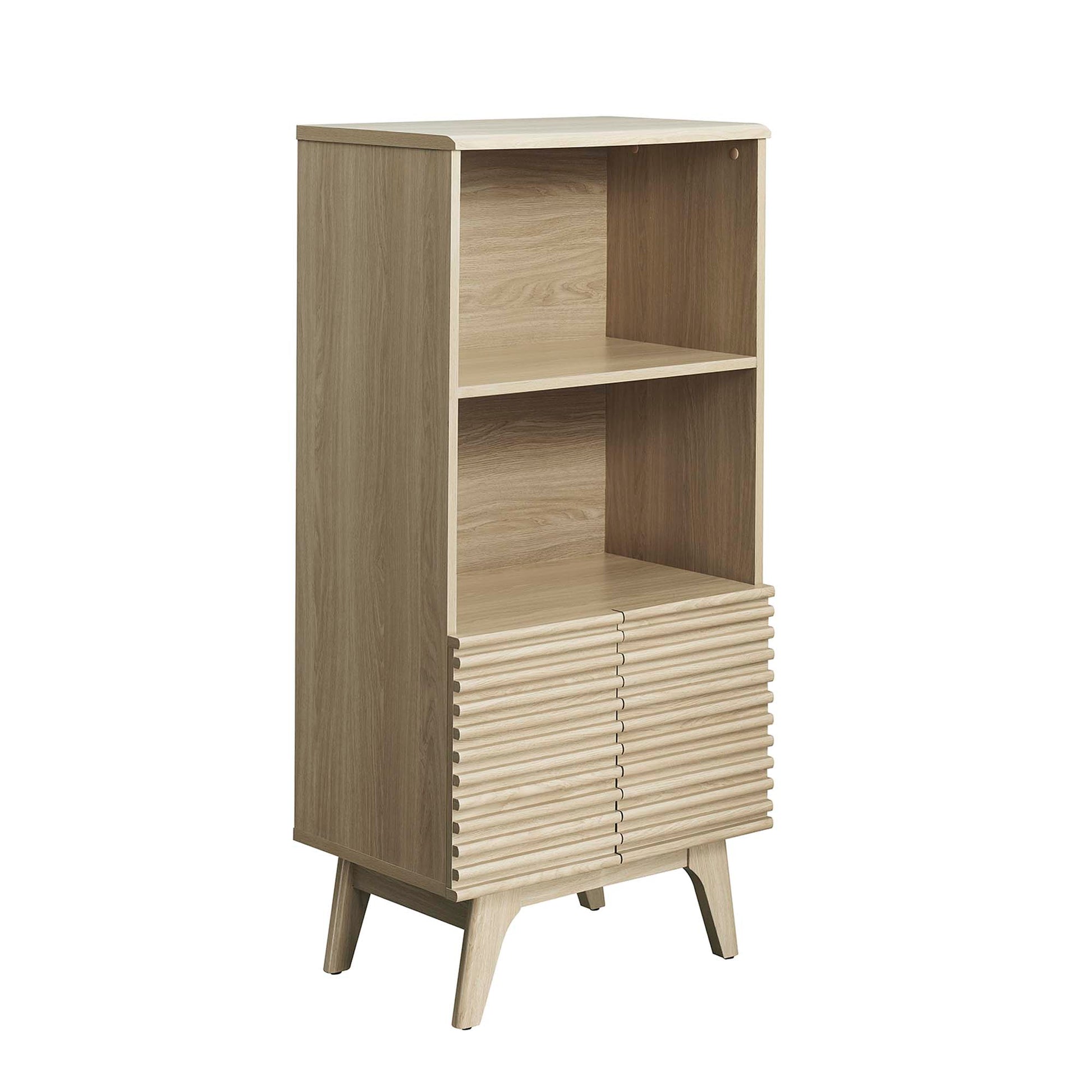 Natural oak display cabinet bookshelf with two open shelves above a slatted-door cabinet on angled mid-century legs