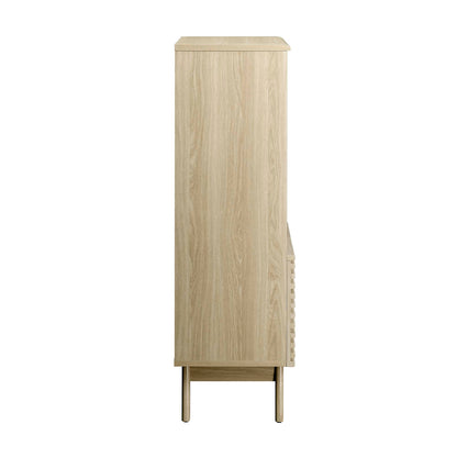 Tall light oak display cabinet bookshelf on slim legs with vertical grain, minimalist storage.