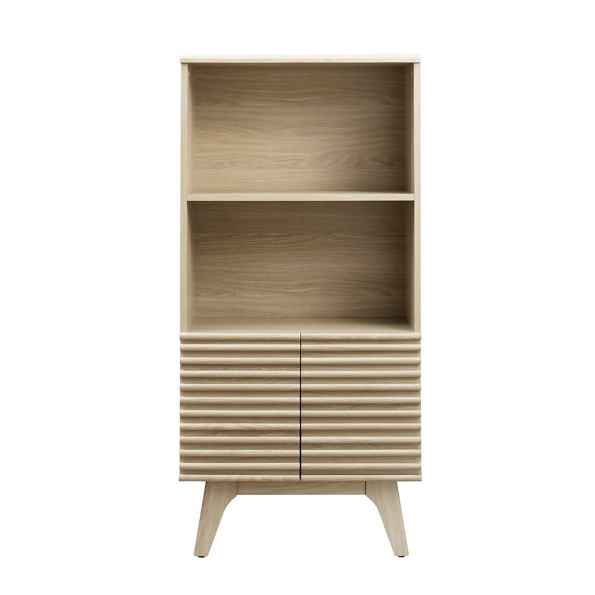 Oak finish cabinet with two open shelves above, slatted front two-door base, and angled mid-century legs.