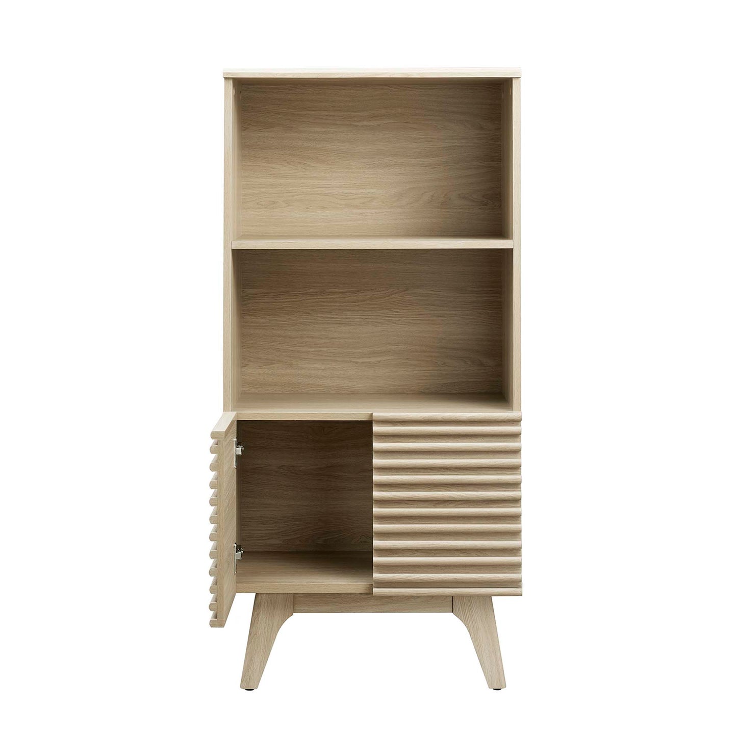 Oak mid-century display cabinet/bookshelf with two open shelves on top; bottom right slatted door, bottom left solid door, tapered legs.