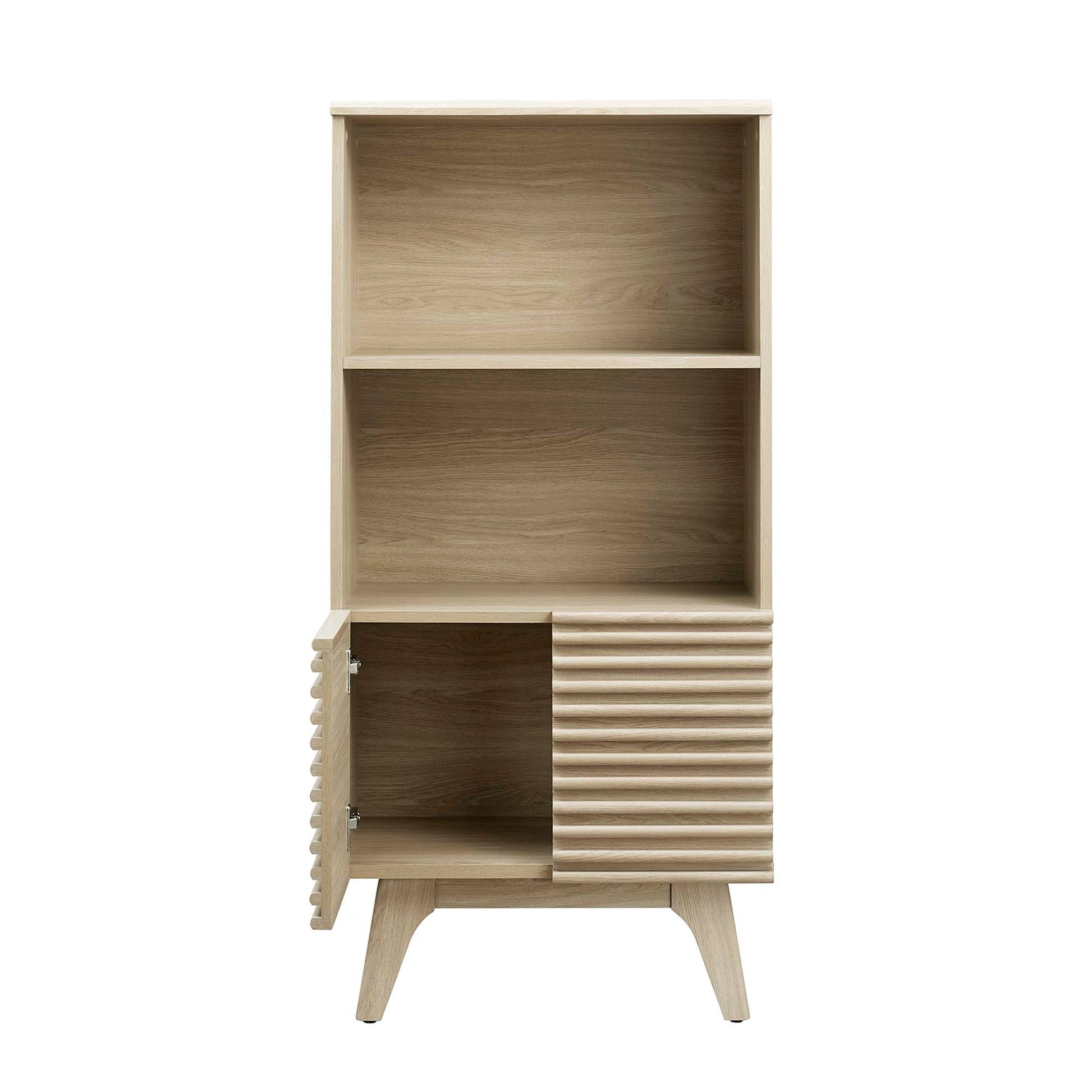 Oak mid-century display cabinet/bookshelf with two open shelves on top; bottom right slatted door, bottom left solid door, tapered legs.