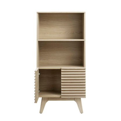 Oak mid-century display cabinet/bookshelf with two open shelves on top; bottom right slatted door, bottom left solid door, tapered legs.