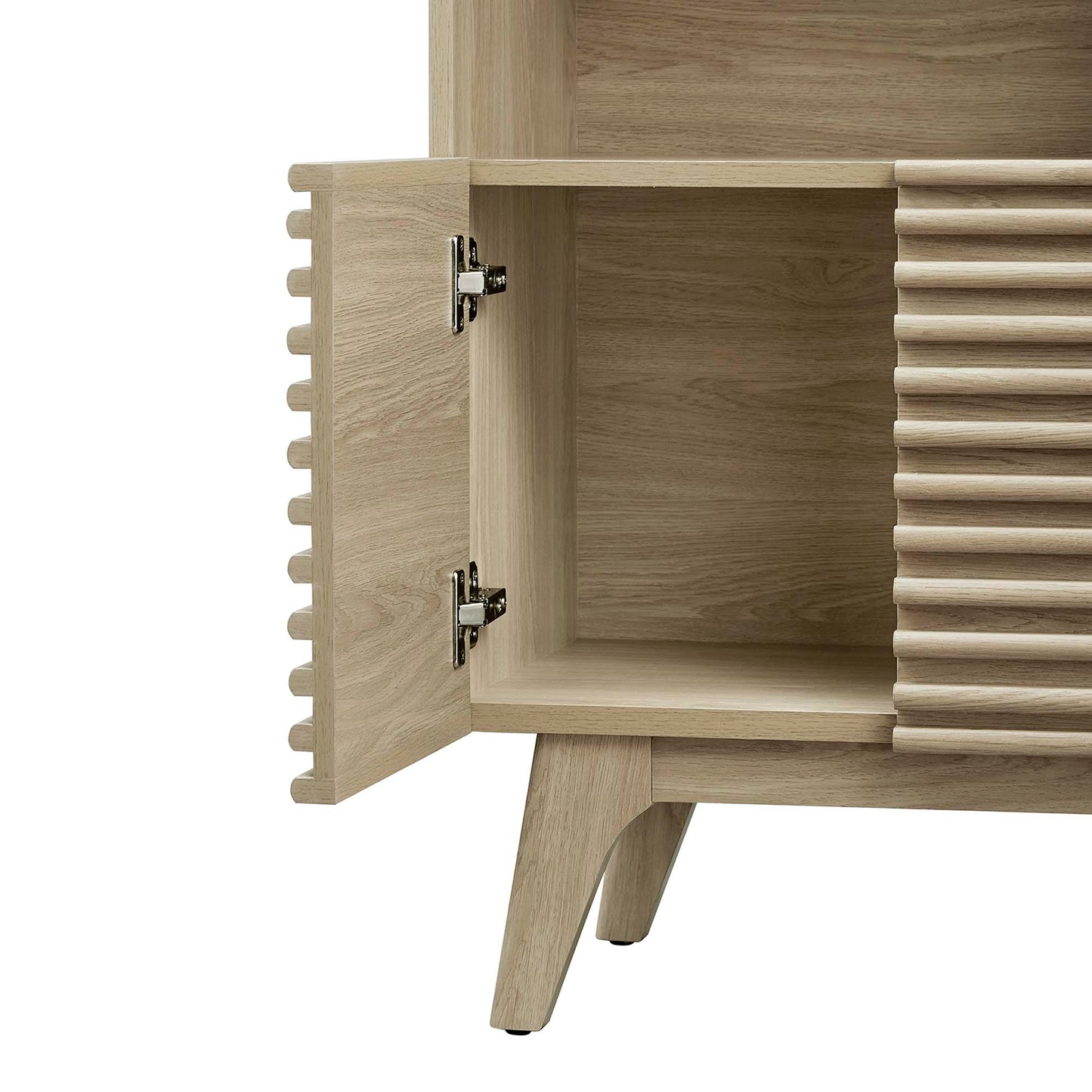 Light oak display cabinet bookshelf with hinged door open; interior visible; right side features horizontal slats and tapered midcentury legs.