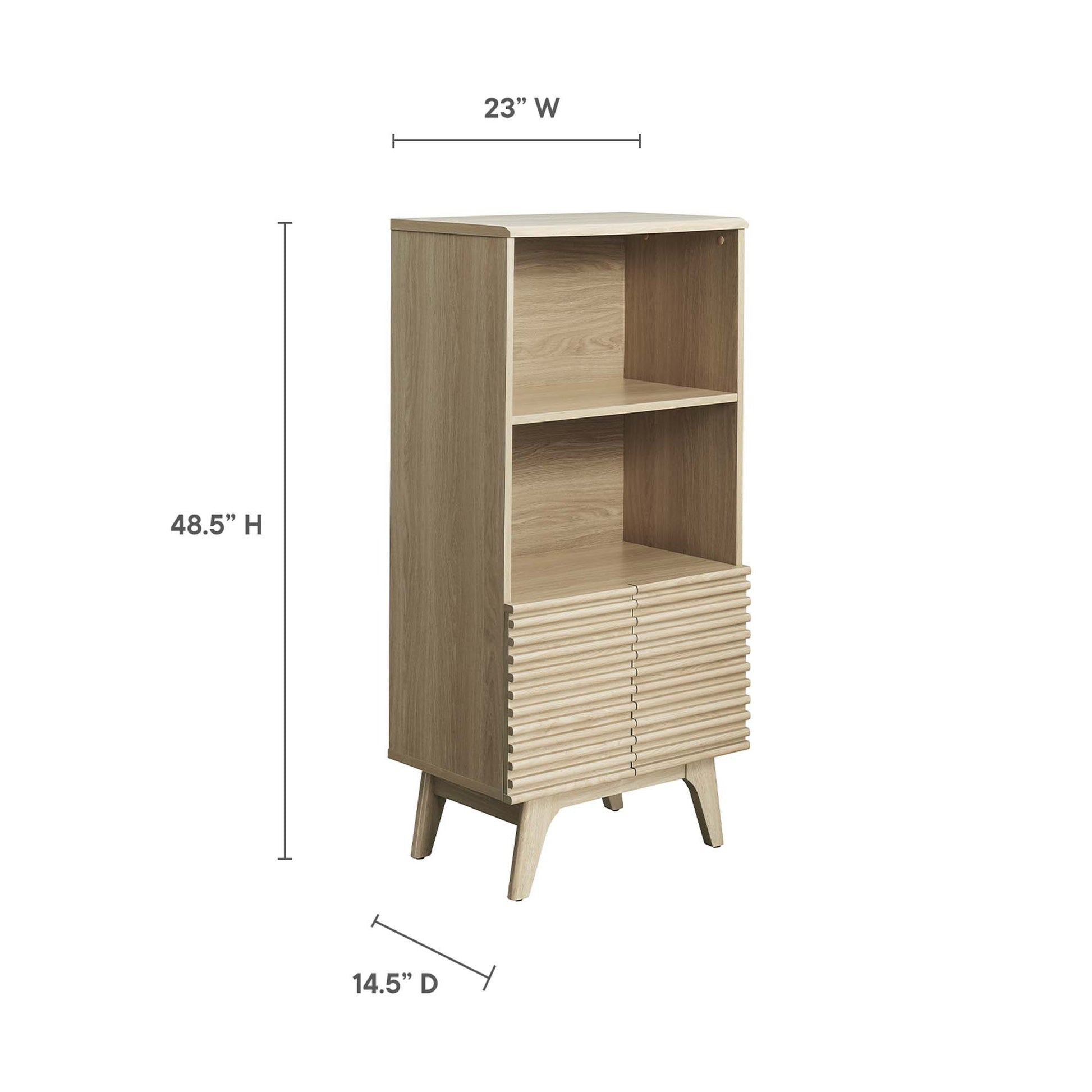 Oak wood display cabinet with white top, two open shelves, ribbed tambour doors, and mid-century angled legs