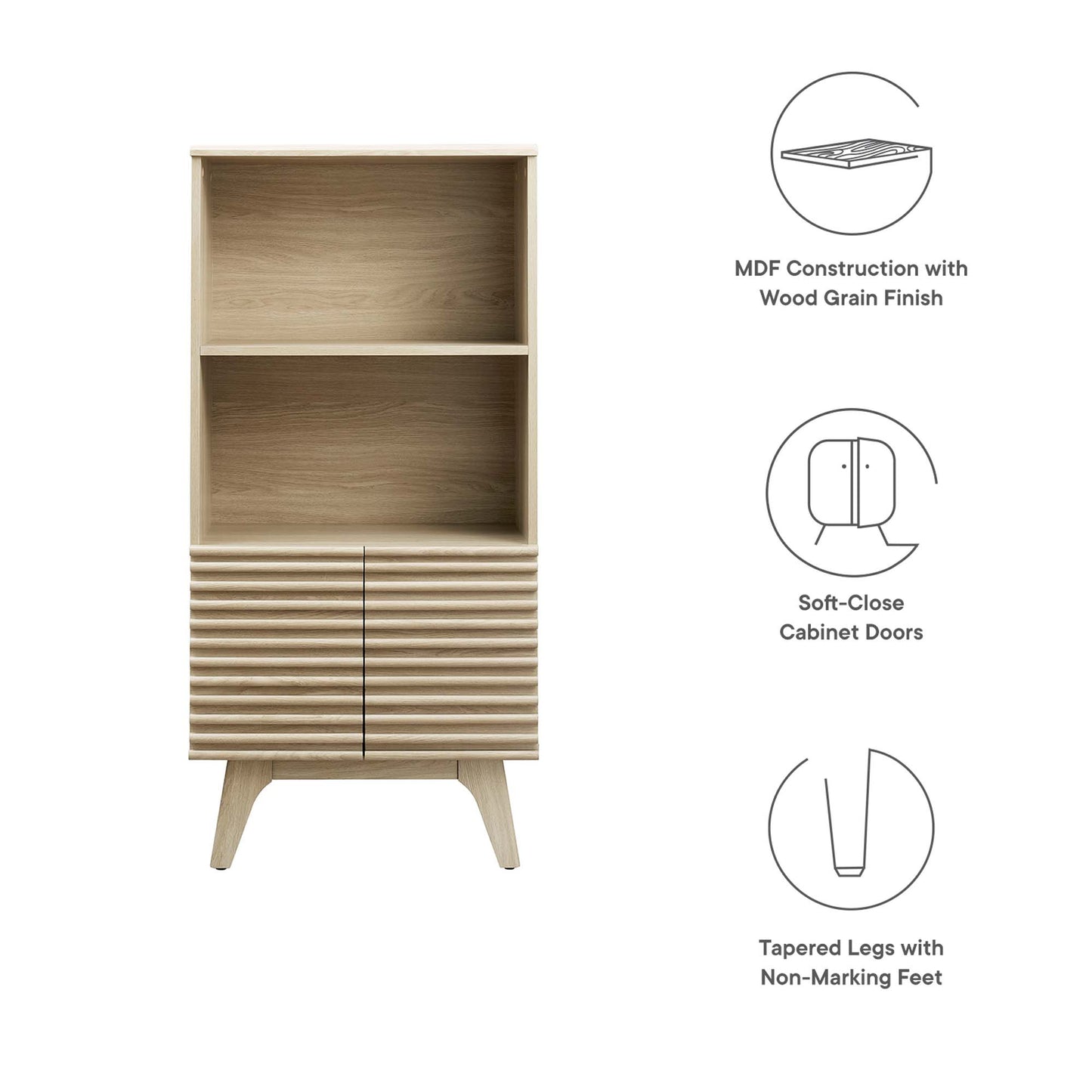 Oak-finish MDF cabinet with two open shelves, ribbed slatted doors, and tapered legs.