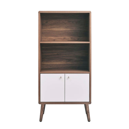 White mid-century display cabinet bookshelf with two open shelves above and a white two-door cabinet below on tapered legs.