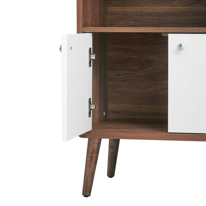 Mid-century white cabinet with walnut interior and tapered legs; left door open.