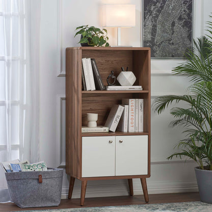 White display cabinet bookshelf with cabinet doors, open shelves, and angled legs.