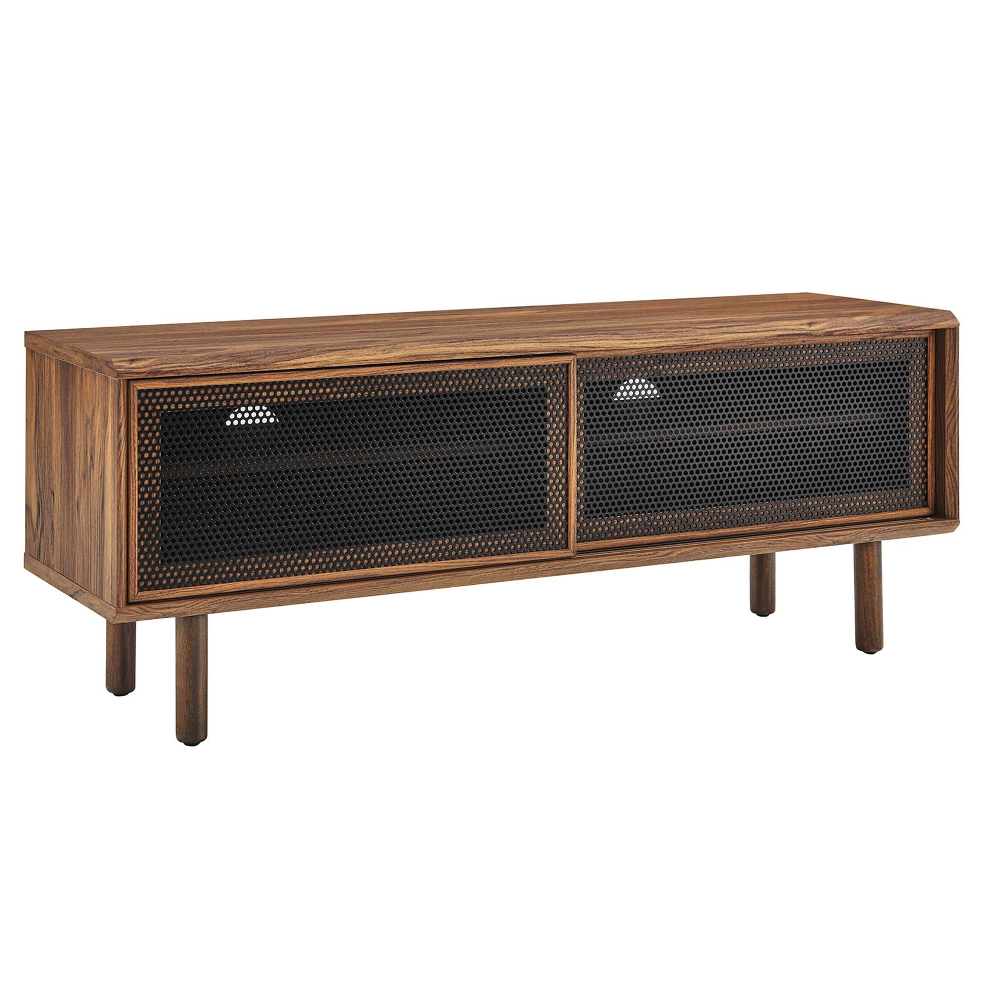 Walnut media console with two mesh-panel doors, mid-century modern TV stand on short tapered legs.