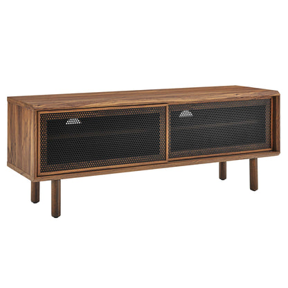 Walnut media console with two mesh-panel doors, mid-century modern TV stand on short tapered legs.