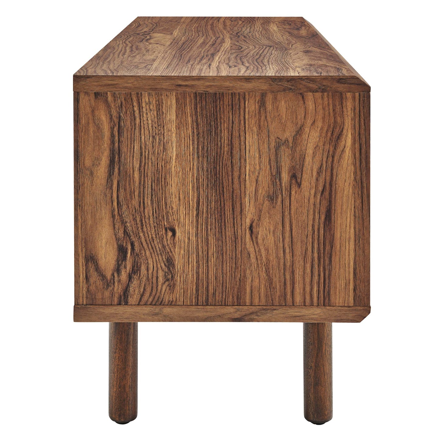 Walnut-finish wooden TV stand with square cabinet box and round legs, rich wood grain.