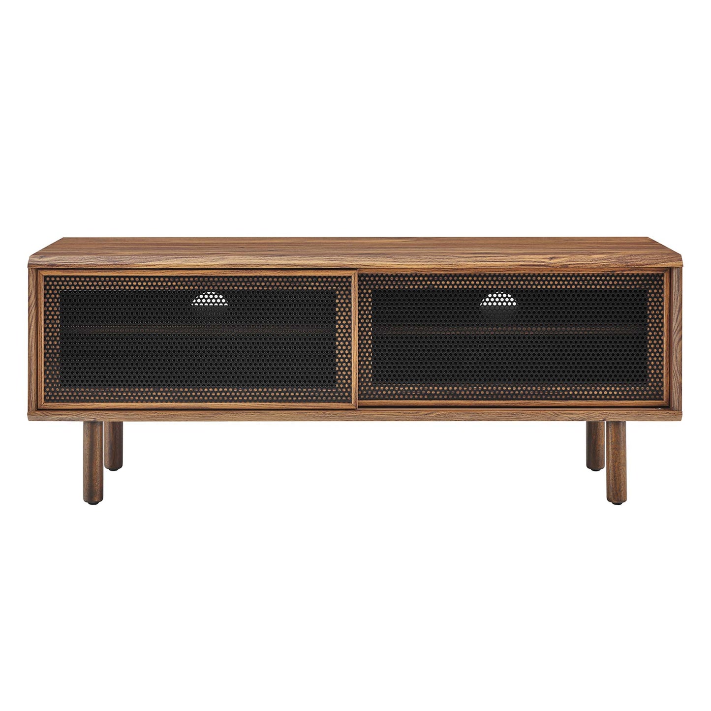 Walnut-finish mid-century 47" TV stand with two mesh-panel doors, metal pulls, and tapered legs.