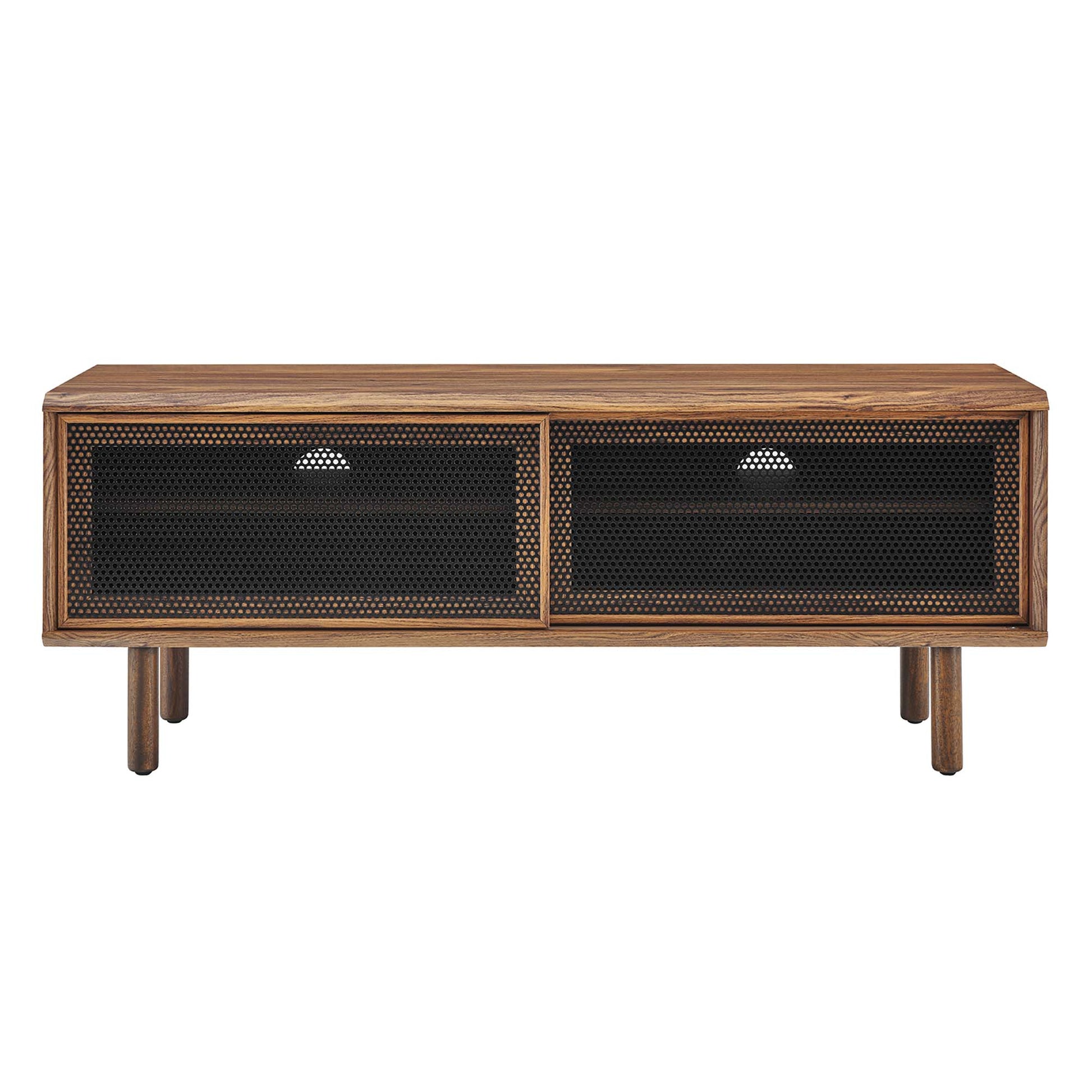 Walnut-finish mid-century 47" TV stand with two mesh-panel doors, metal pulls, and tapered legs.