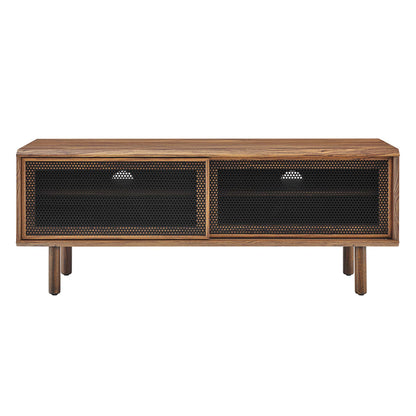 Walnut-finish mid-century 47" TV stand with two mesh-panel doors, metal pulls, and tapered legs.