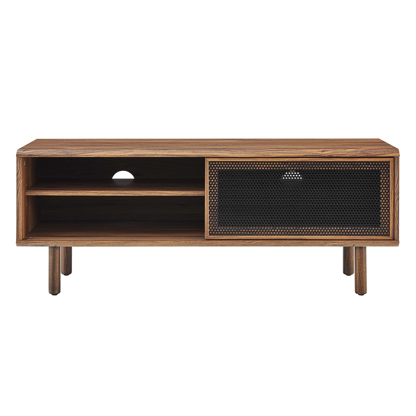 Walnut finish wooden media console with open shelves on the left and a black mesh cabinet door on the right.