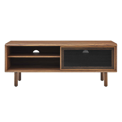 Walnut finish wooden media console with open shelves on the left and a black mesh cabinet door on the right.