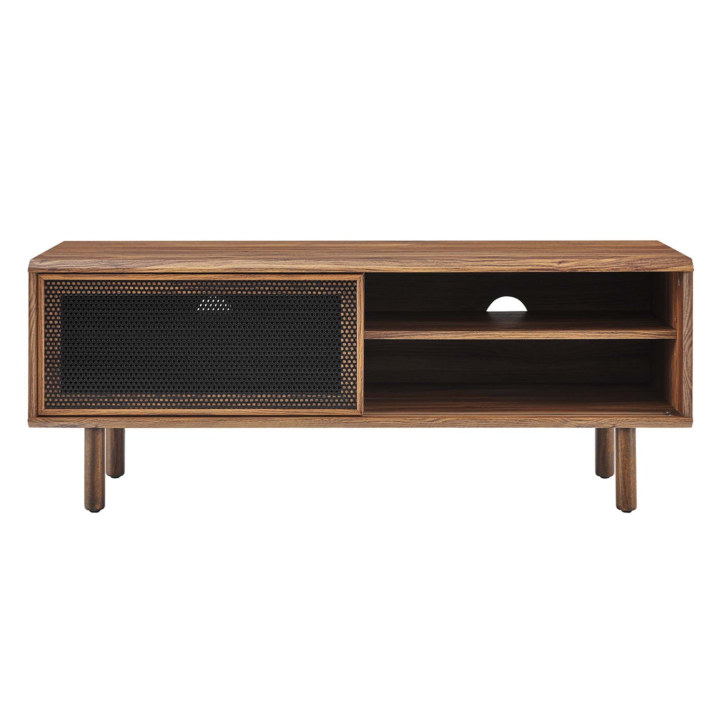 Walnut finish media console with black perforated left door, right open shelves, cable hole, mid-century legs.