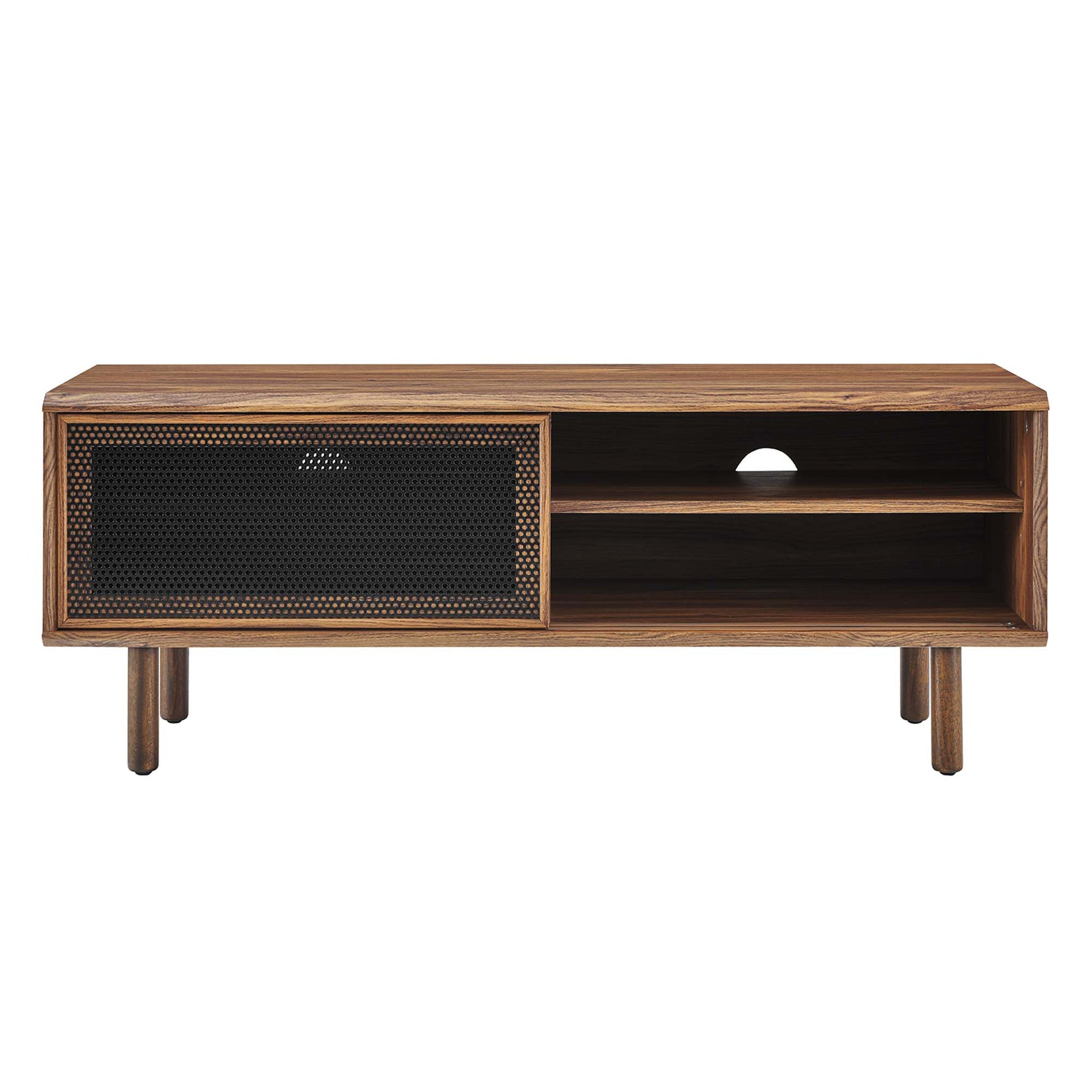 Walnut finish media console with black perforated left door, right open shelves, cable hole, mid-century legs.