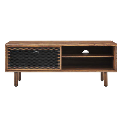 Walnut finish media console with black perforated left door, right open shelves, cable hole, mid-century legs.