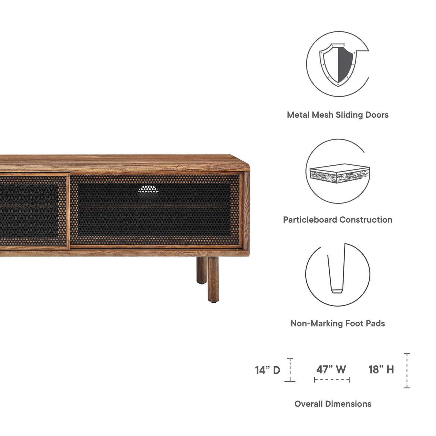 Walnut wood TV stand with metal mesh sliding doors, two compartments, mid-century style; 47W x 18H x 14D.
