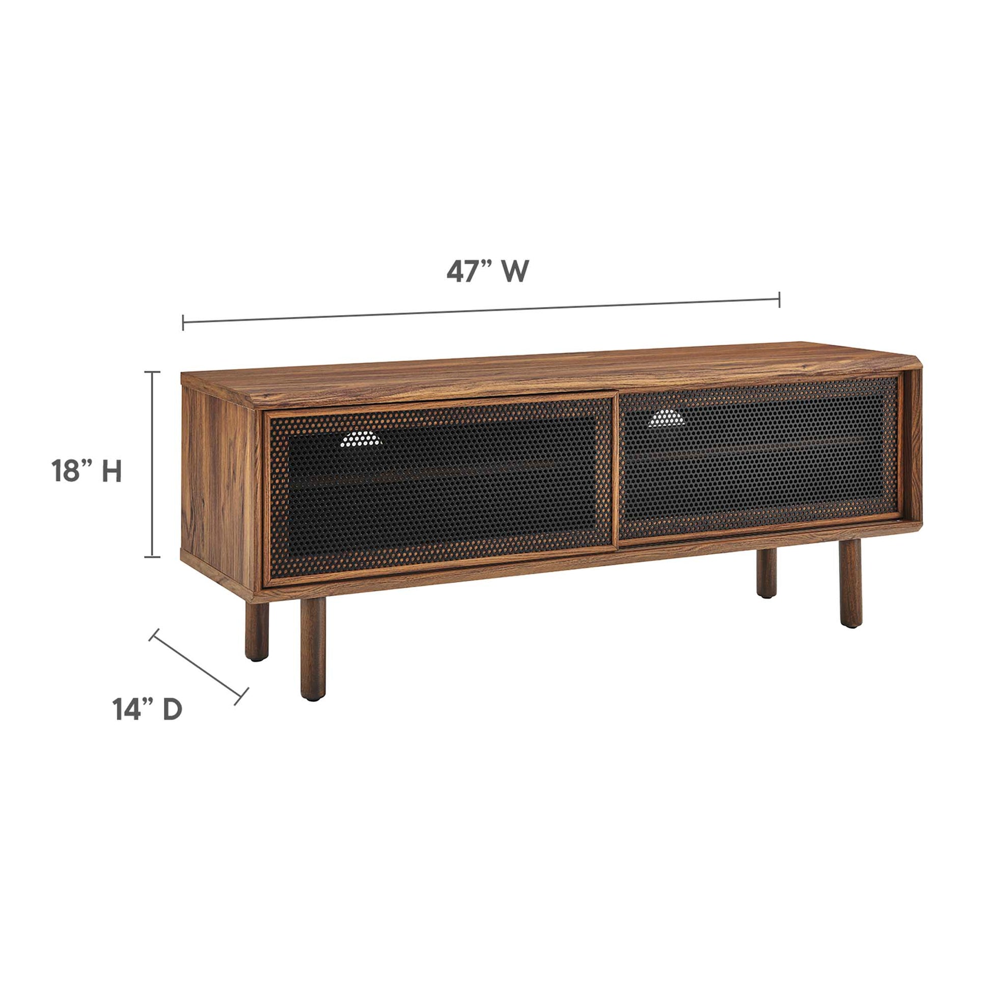 Walnut-finish wood TV stand with two black mesh doors, rectangular low-profile frame, mid-century modern legs.