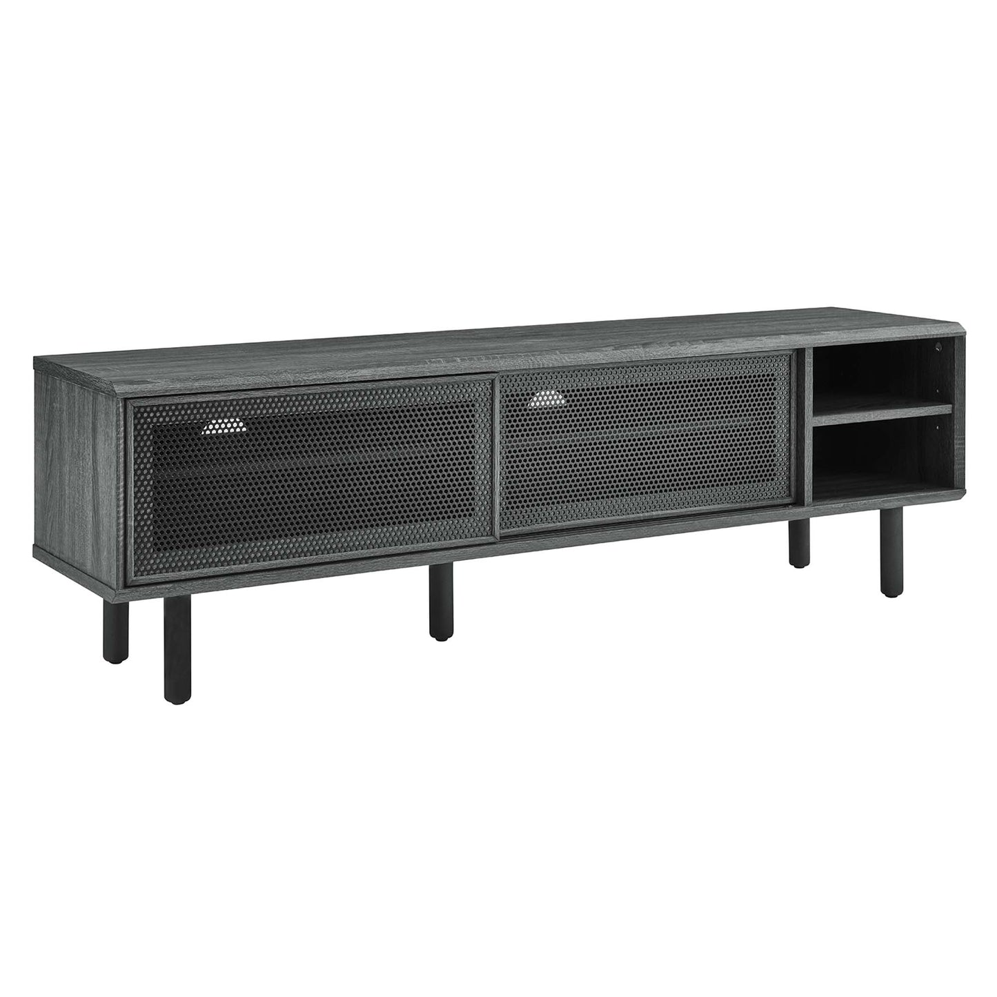 Industrial charcoal media console with two perforated metal mesh doors and a right-side open shelf on short legs.