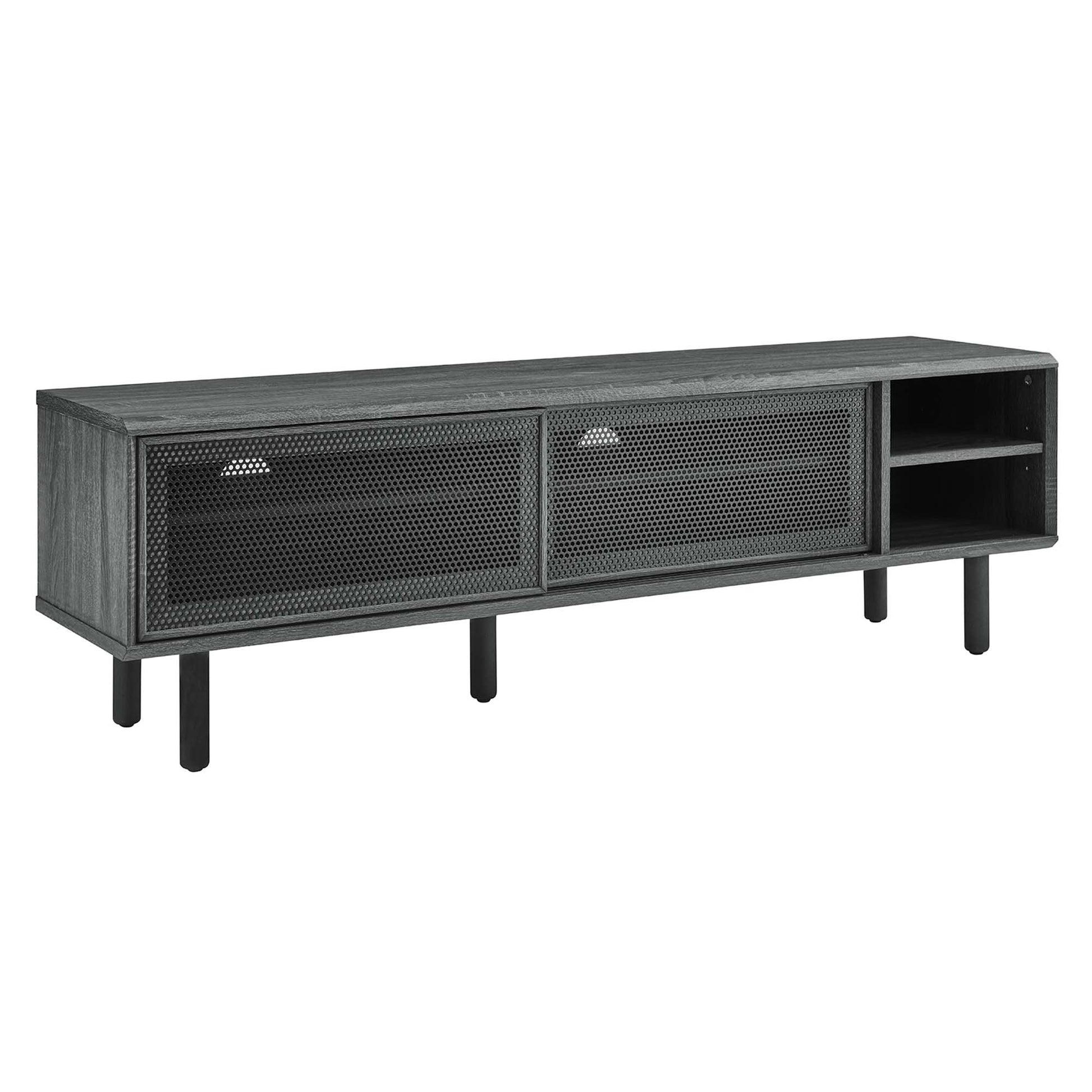Industrial charcoal media console with two perforated metal mesh doors and a right-side open shelf on short legs.