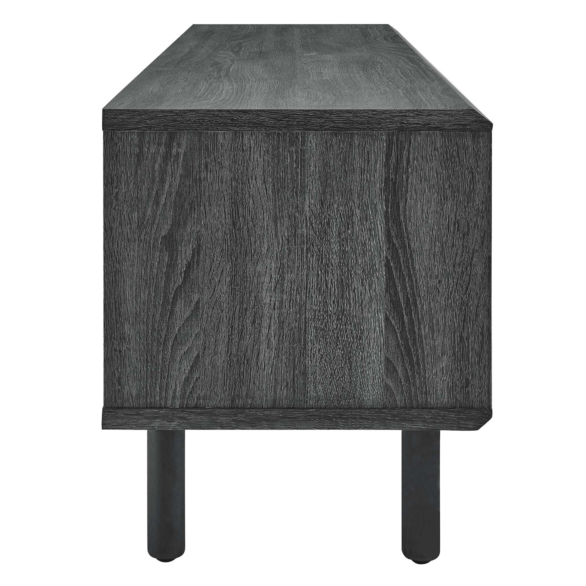 Charcoal woodgrain TV stand with a rectangular cabinet and cylindrical legs.