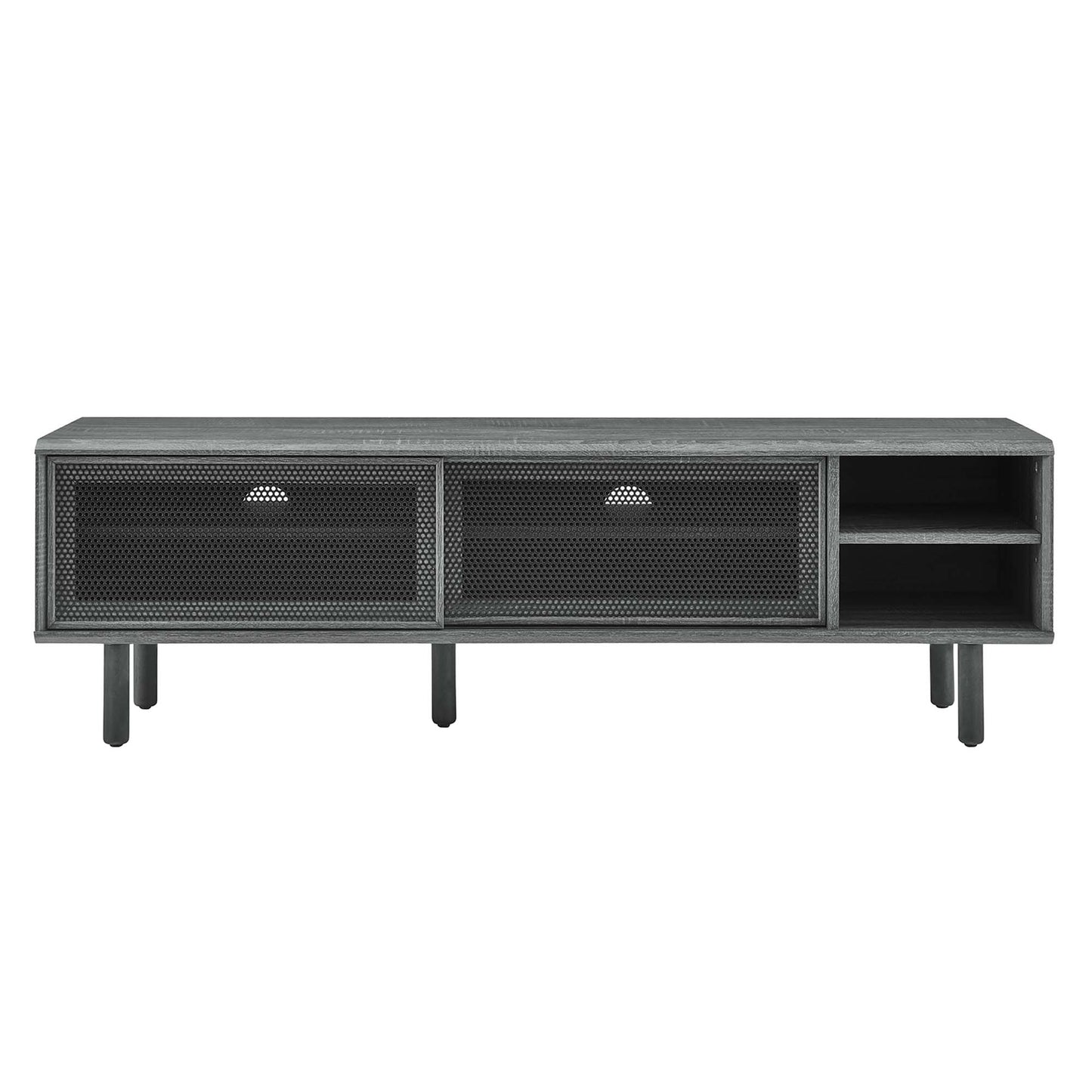 Industrial metal media console in dark gray with two mesh-front cabinet doors and right-side open shelves.