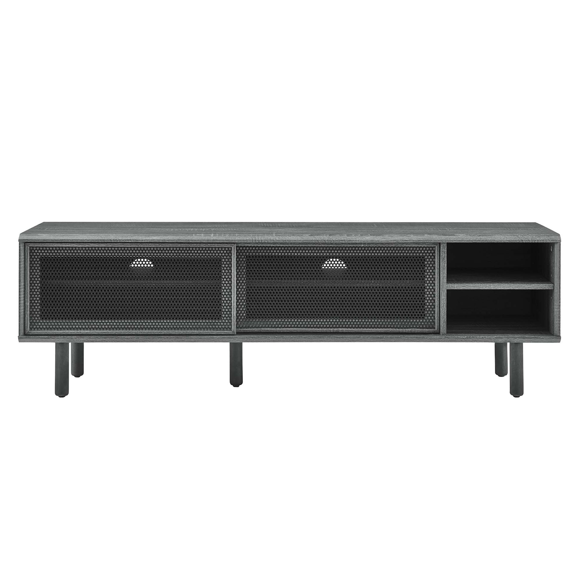 Industrial metal media console in dark gray with two mesh-front cabinet doors and right-side open shelves.
