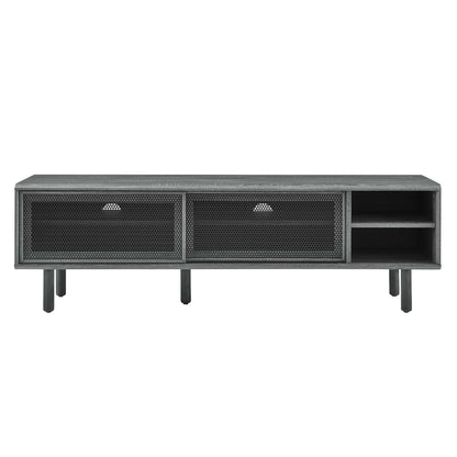 Industrial metal media console in dark gray with two mesh-front cabinet doors and right-side open shelves.