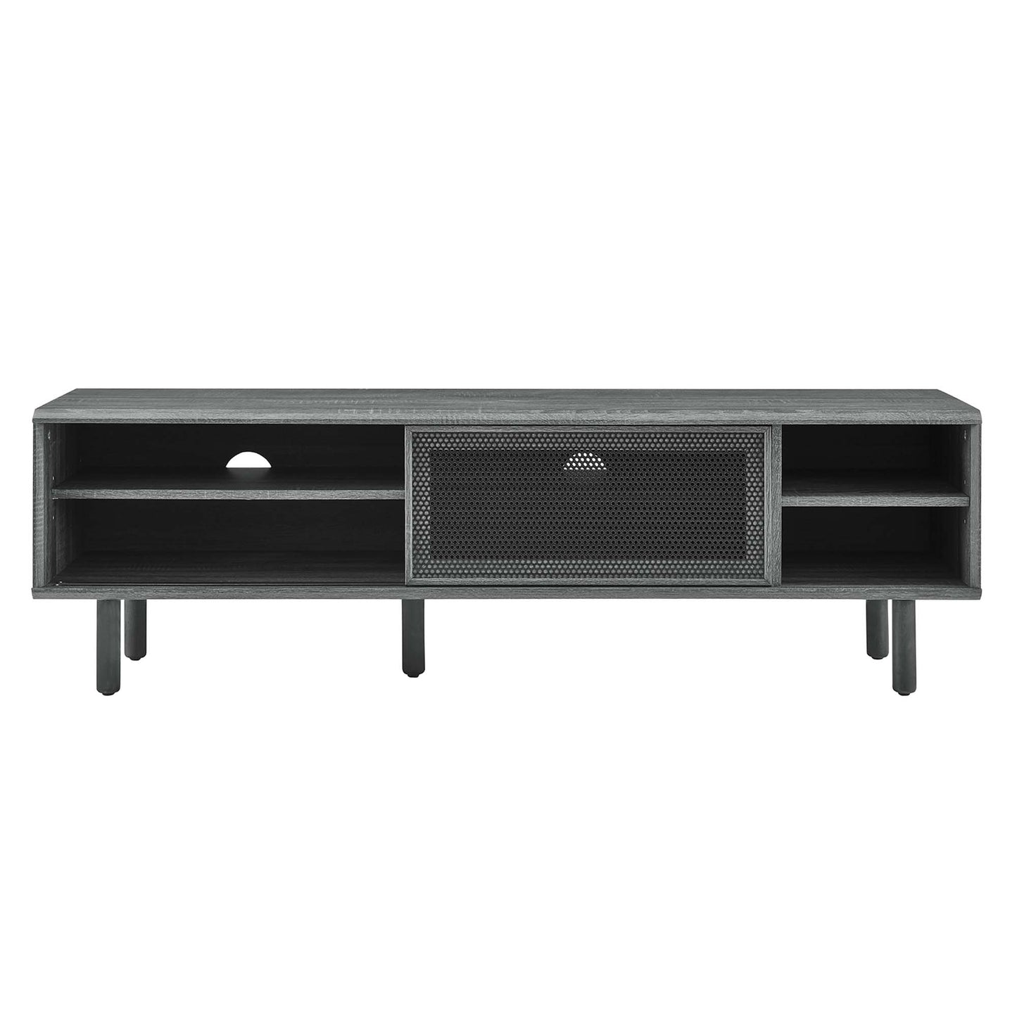 Black metal media console/TV stand with left & right open shelves and a center mesh door.