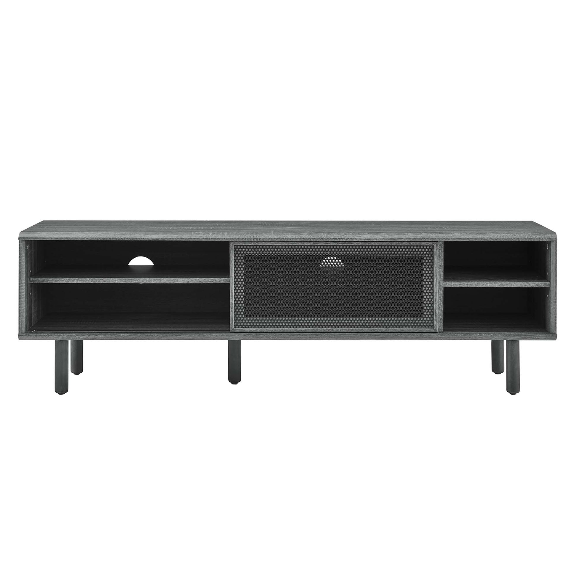Black metal media console/TV stand with left & right open shelves and a center mesh door.